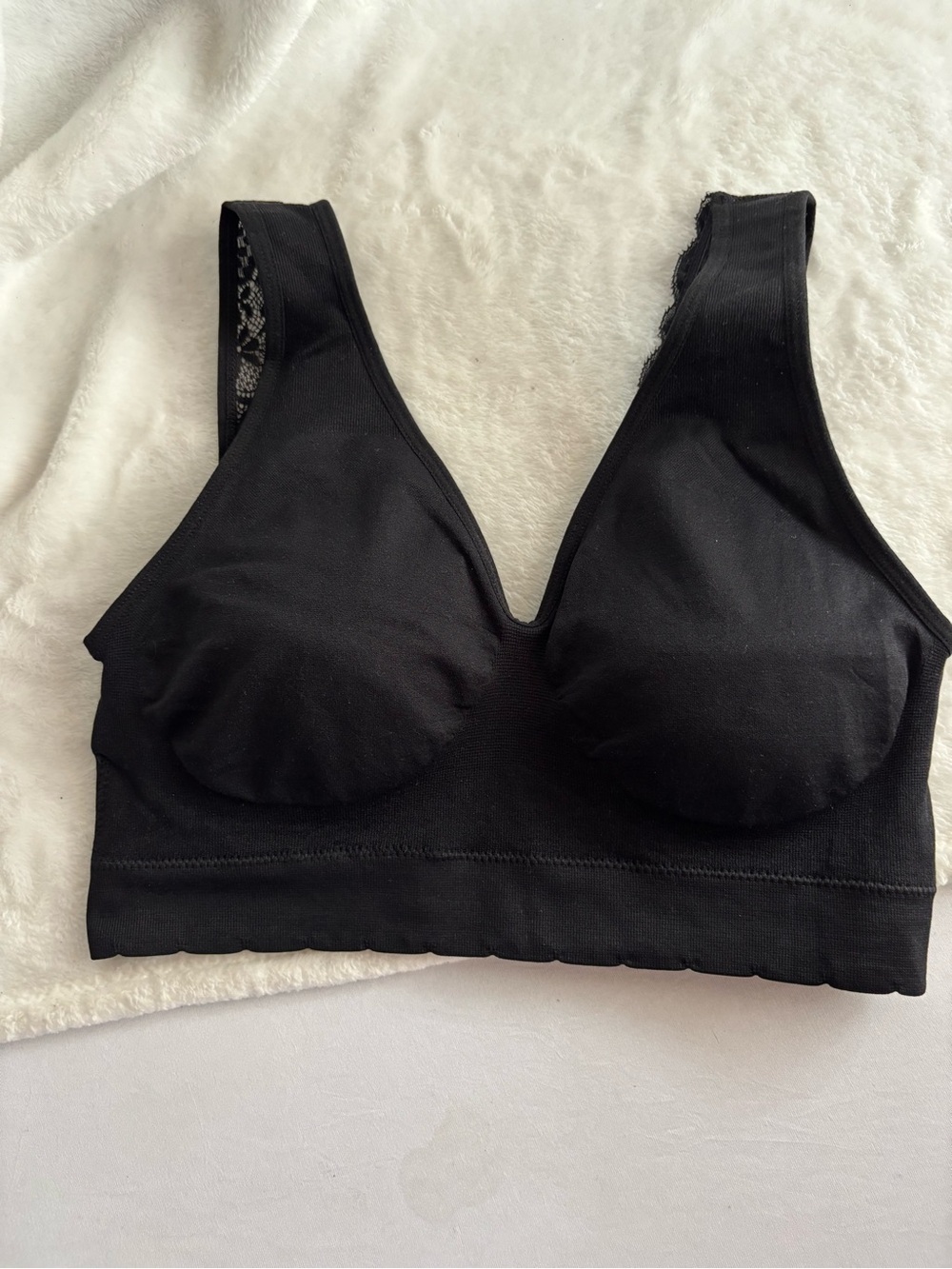 Laura Ashley Pull On Stretch Bralette Lace Trim Removable Pads Size 1X Black